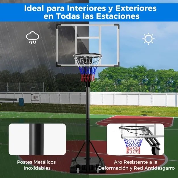 Cesto de basquetebol ajustável 1,49-3,05 m Sistema de cesto portátil para todas as condições climatéricas com tabela 2 rodas Base recarregável