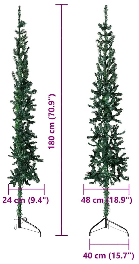 Meia árvore de Natal fina com suporte 180 cm verde