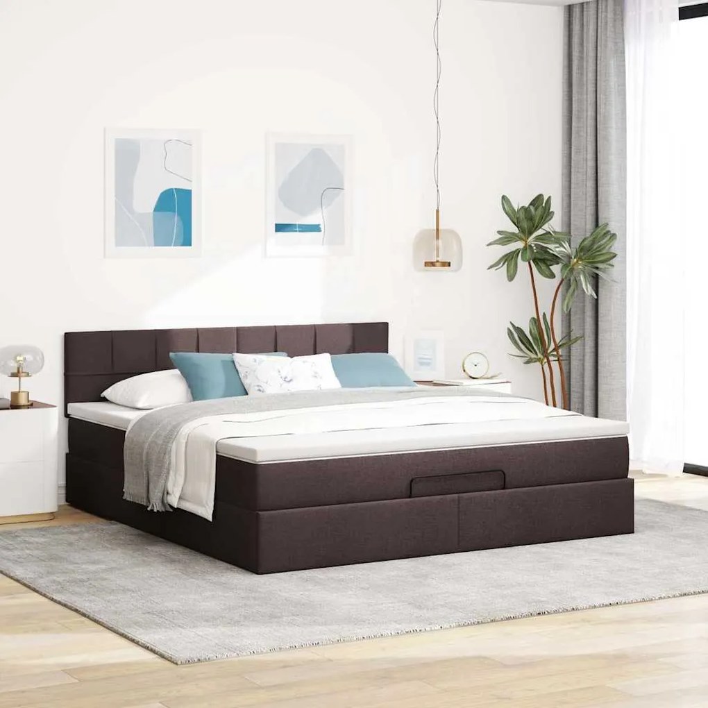 Estrutura de cama otomana com colchão tecido castanho escuro