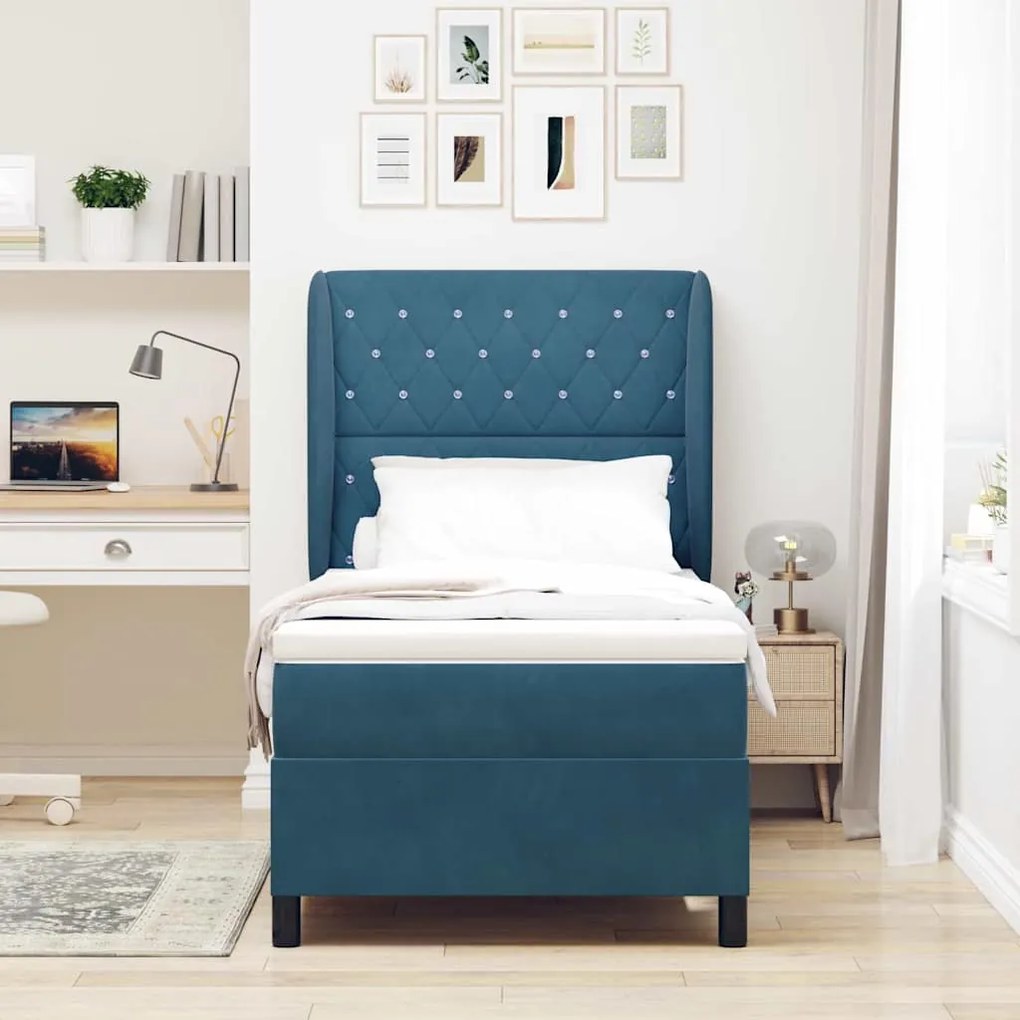 Cama Box com Colchão Azul Escuro 90x190 cm em Veludo