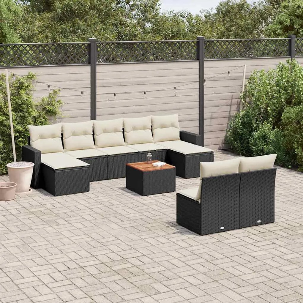 10 pcs conjunto sofás de jardim c/ almofadões vime PE preto