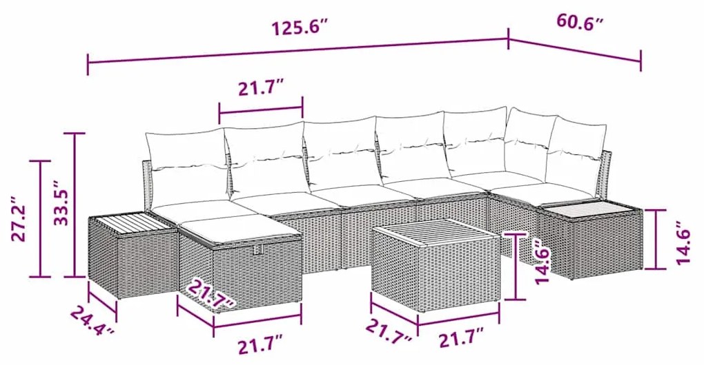 Conjunto de sofá de jardim com 8 peças e almofadas pretas, rattan de p