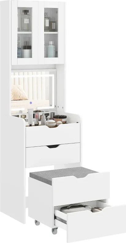 Toucador de Maquilhagem 50x40x160 cm com Luzes LED de 3 Cores Espelho Rebatível e Banco Acolchoado Branco
