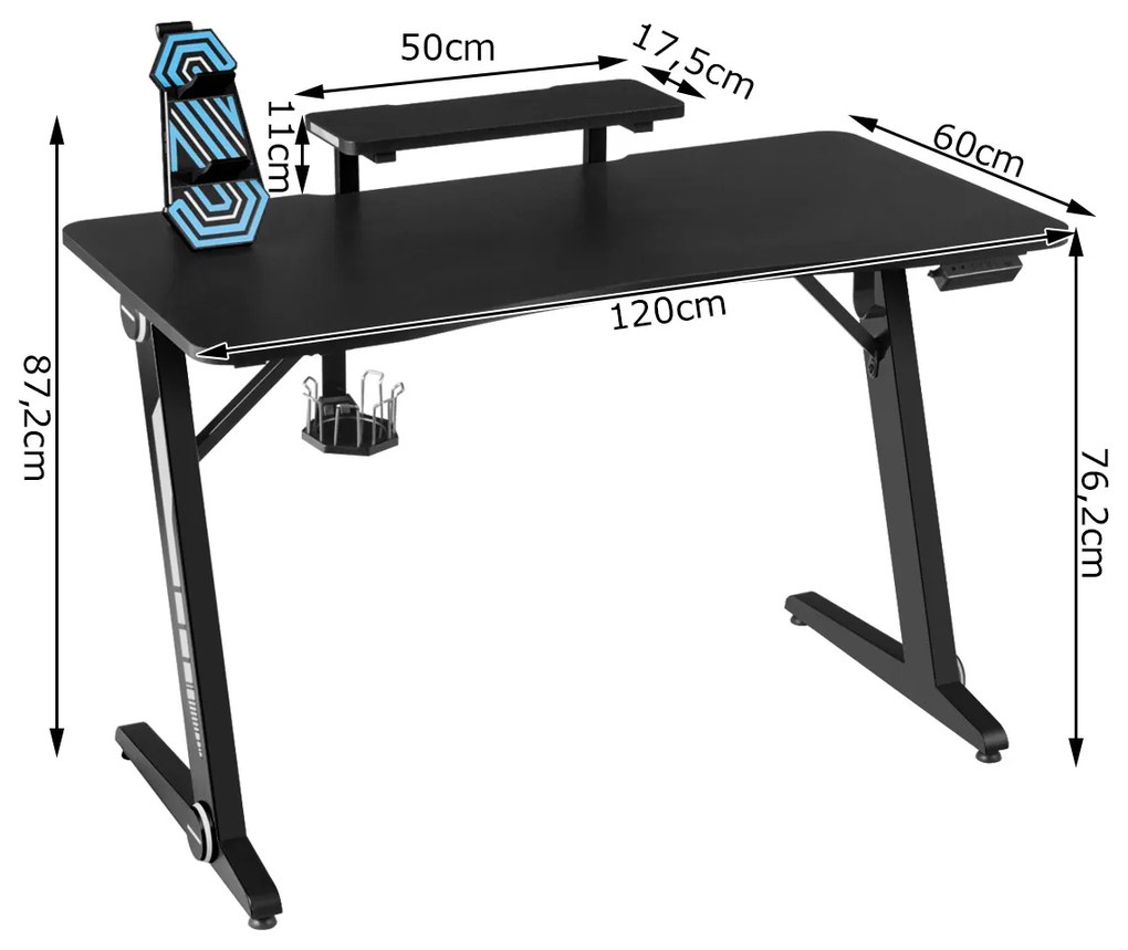 Secretaria Mesa Gaming com suporte de monitor Mesa de jogos com luzes RGB com suporte de tampão de vidro Gancho 120 x 60 x 87,2 cm Preto
