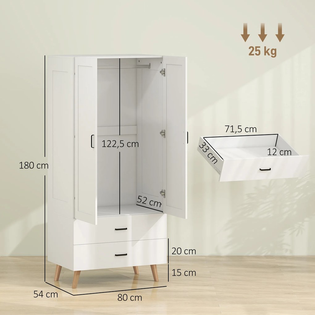 Guarda Roupa com 2 portas 80 x 54 x 180 cm com fecho suave, 2 gavetas e barra para pendurar roupa, branco