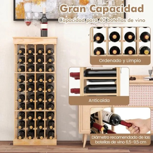 Garrafeira com 10 níveis empilhável para 40 garrafas 750 ml Estante para vinhos em madeira de pinho 47 x 28 x 113 cm natural
