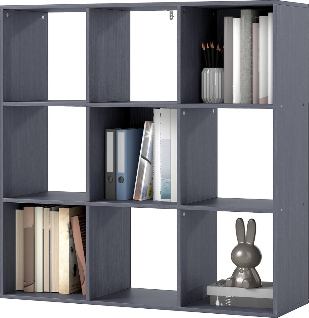 Estante de 3 níveis com 9 compartimentos 91 x 29,5 x 91 cm, para sala de estar, escritório ou quarto, cinzenta