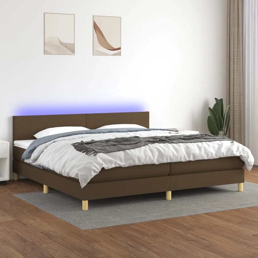 Cama box spring c/ colchão/LED 200x200cm tecido castanho-escuro