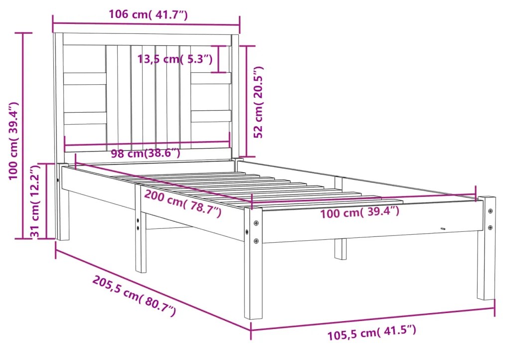 Estrutura de cama 100x200 cm madeira maciça castanho mel