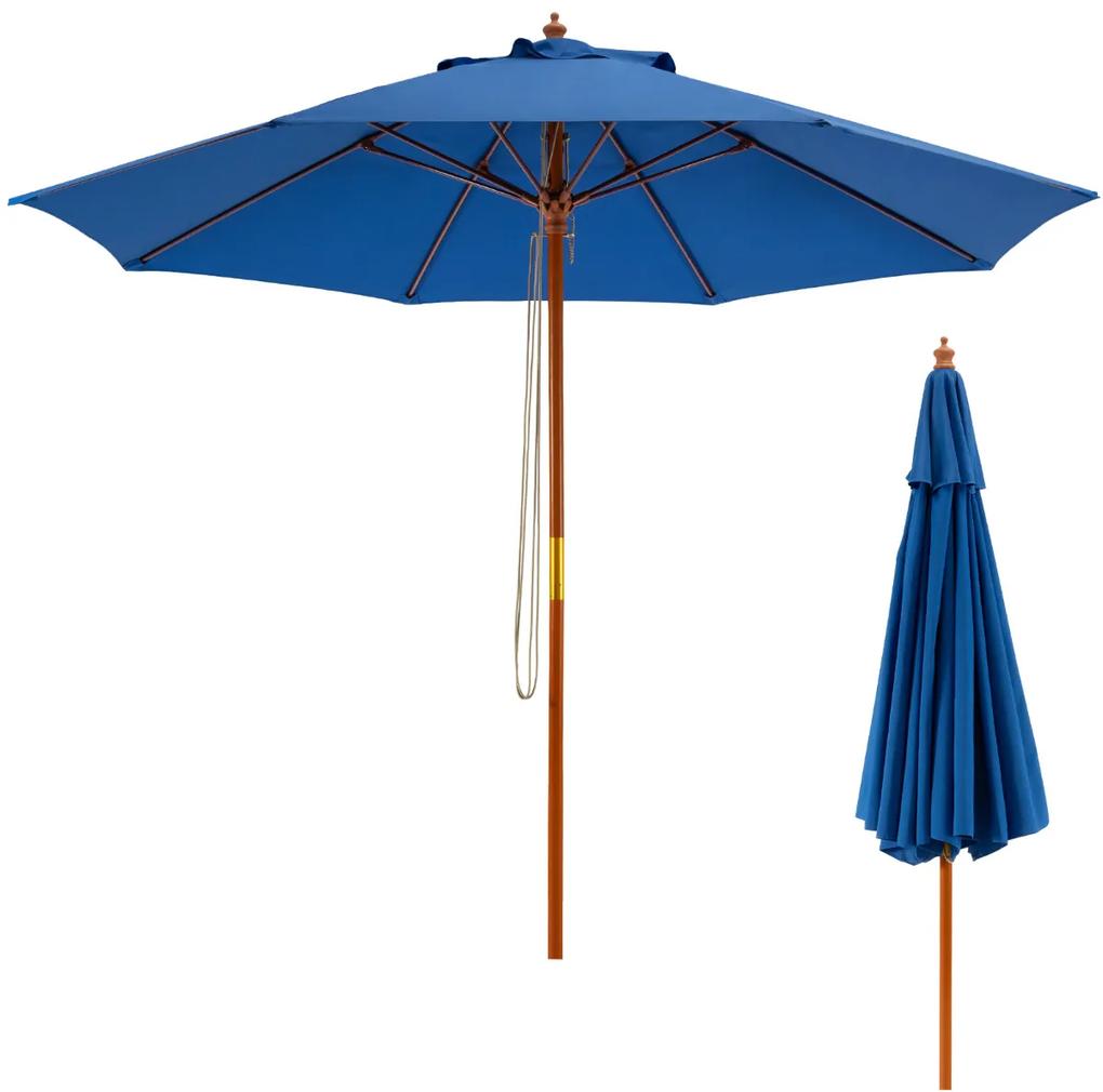 Guarda sol com Mecanismo de poli de corda de madeira redonda de 2,8 m 8 reforços de fibra de vidro para piscina de jardim ao ar livre azul