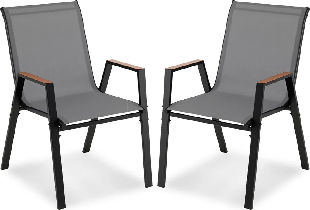 Conjunto de 2 cadeiras de jardim empilháveis, com encosto alto e braços, ergonómicas, em metal e tecido respirável, para terraço ou pátio, cinza