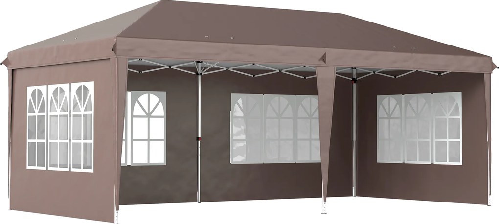 Tenda Dobrável 6x3 m Pop-up com 4 Laterais Removíveis Toldo de Jardim com 4 Janelas e Bolsa de Transporte Castanho