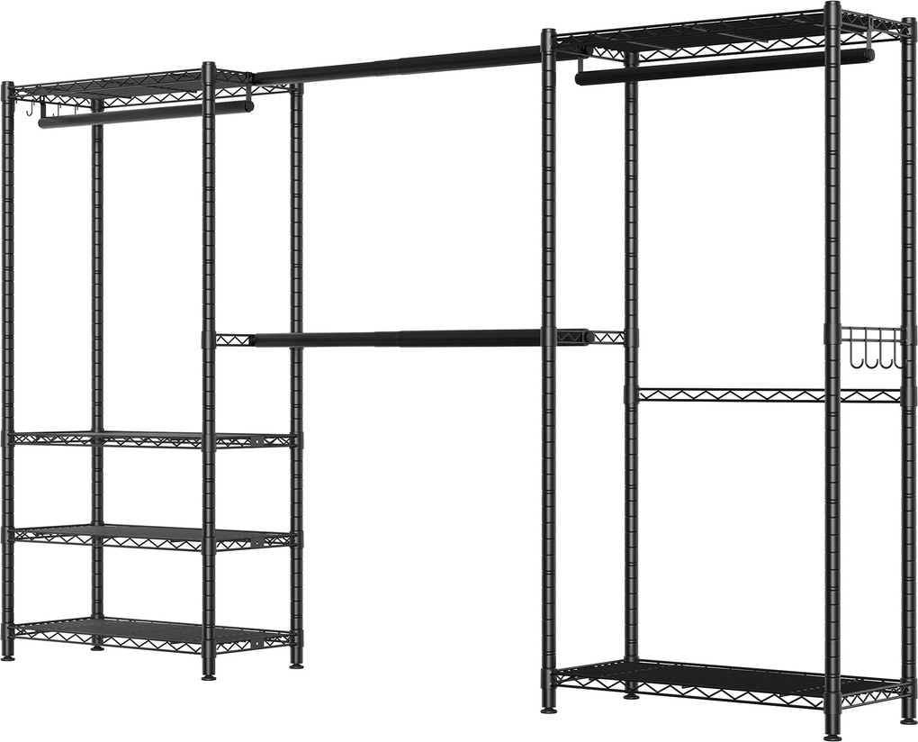 Guarda roupa aberto 40 x (177-220) x 193 cm com ganchos, extensível, com prateleiras ajustáveis e varão aberto para pendurar roupa, preto