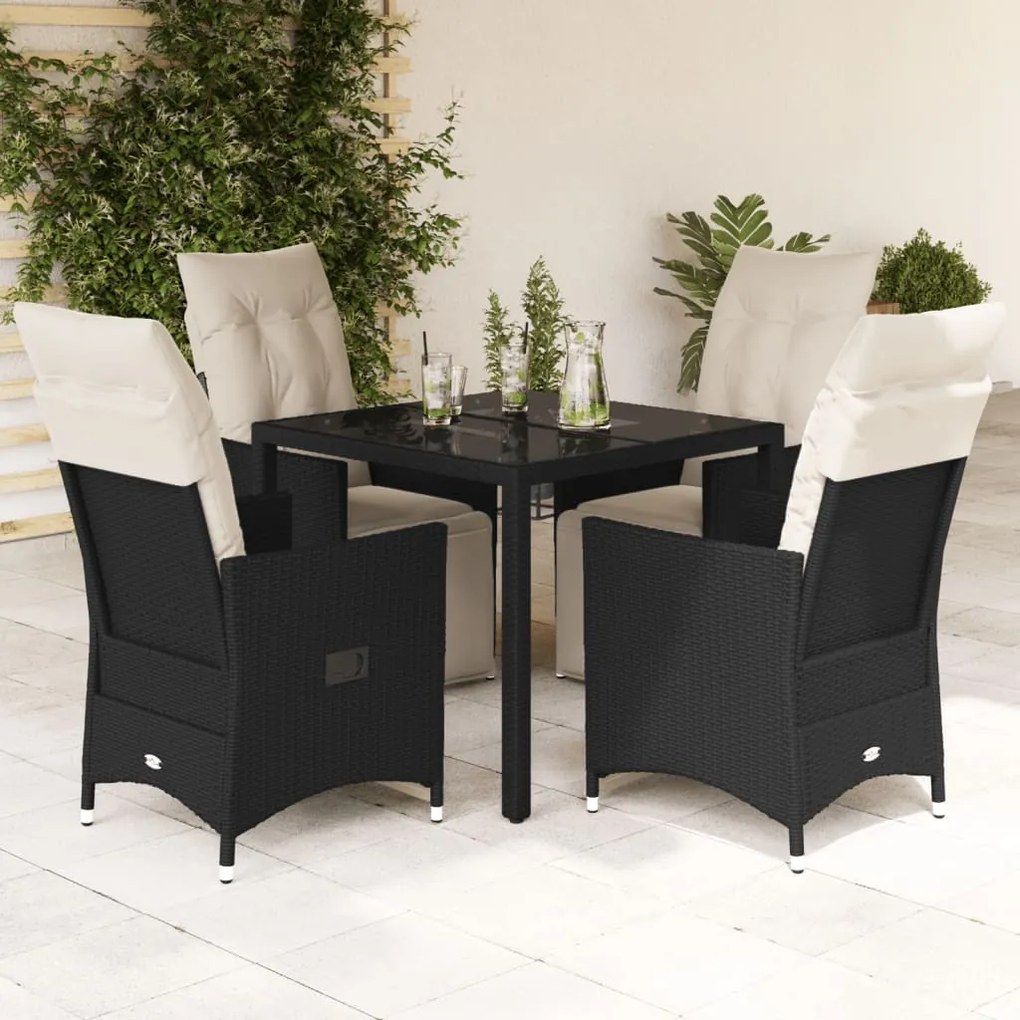 vidaXL 5 pcs conjunto de jantar p/ jardim c/ almofadões vime PE preto