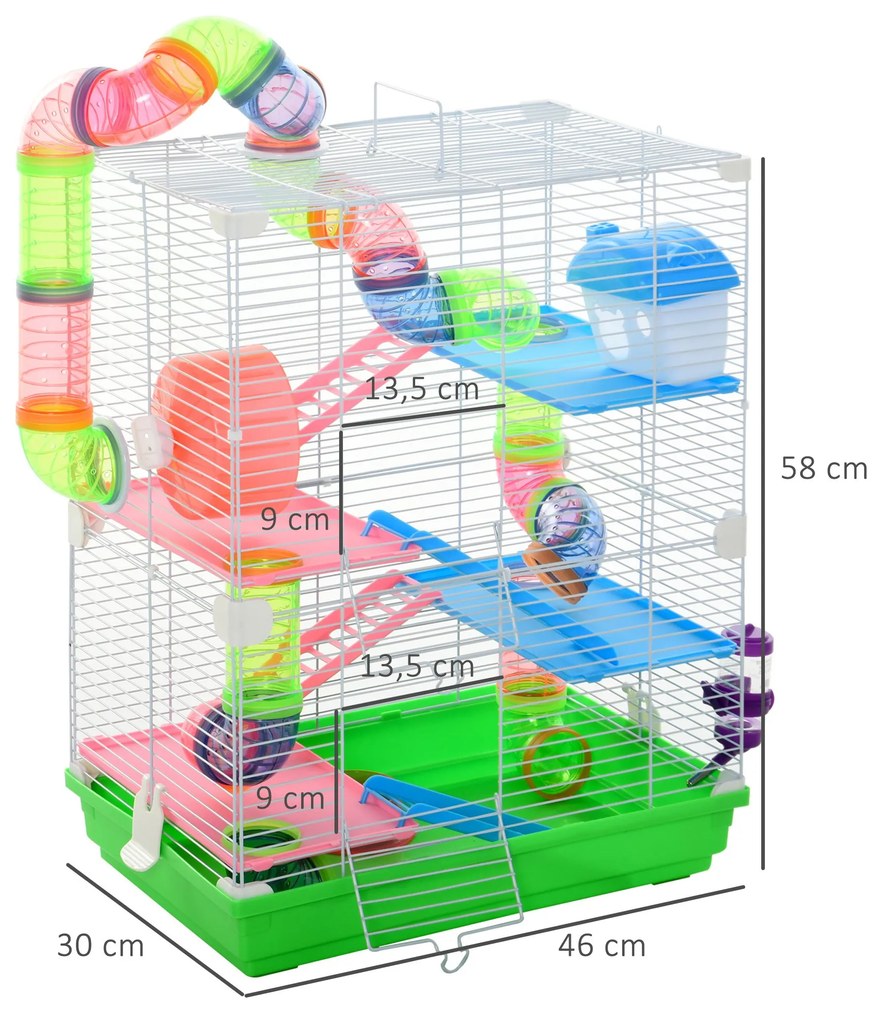 Gaiola para Hamster com 5 Plantas Escada Alimentador Bebedor Roda e Túnel 46x30x58cm Verde e Branco