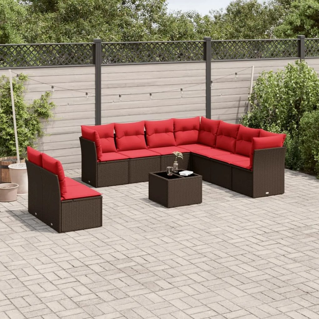 vidaXL 10 pcs conj. sofás jardim com almofadões vime PE castanho