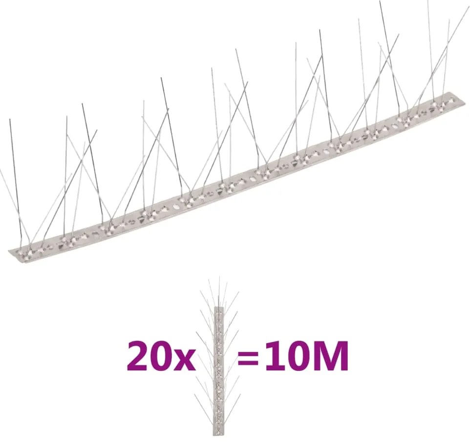 vidaXL Conjunto 20 picos pássaros e pombos 5 filas 10m aço inoxidável