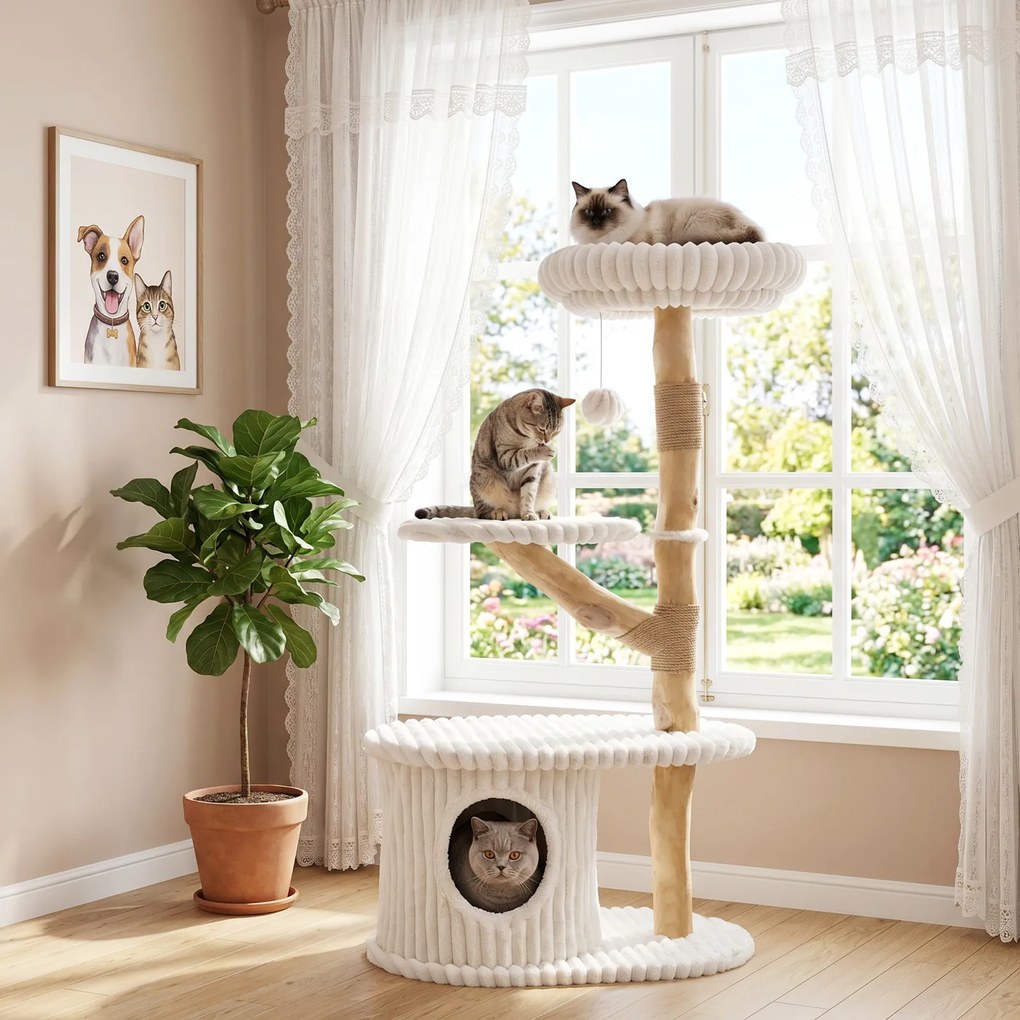 Arranhador para Gatos, 56 x 41 x 105 cm, 3 Plataformas Acolchoadas, Bege