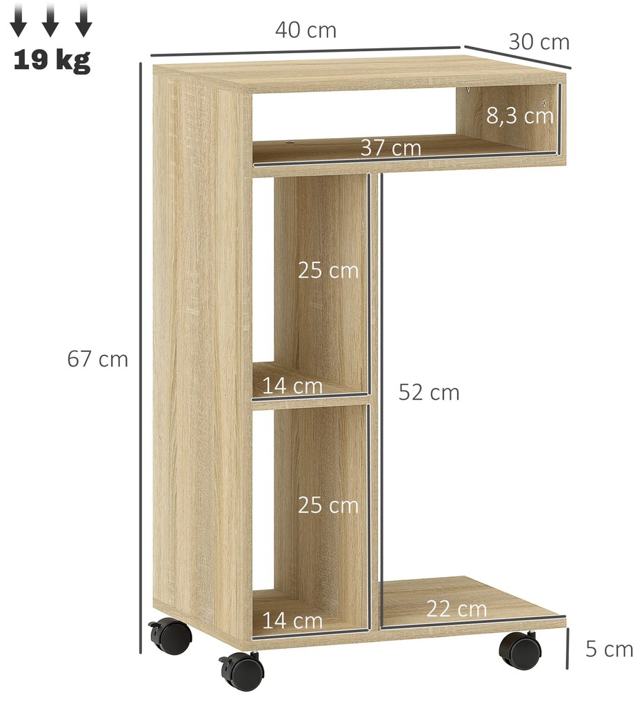 Mesa Auxiliar em Forma de C Mesa Auxiliar para Sofá com Rodas Compartimentos Abertos 40x30x69 cm Madeira