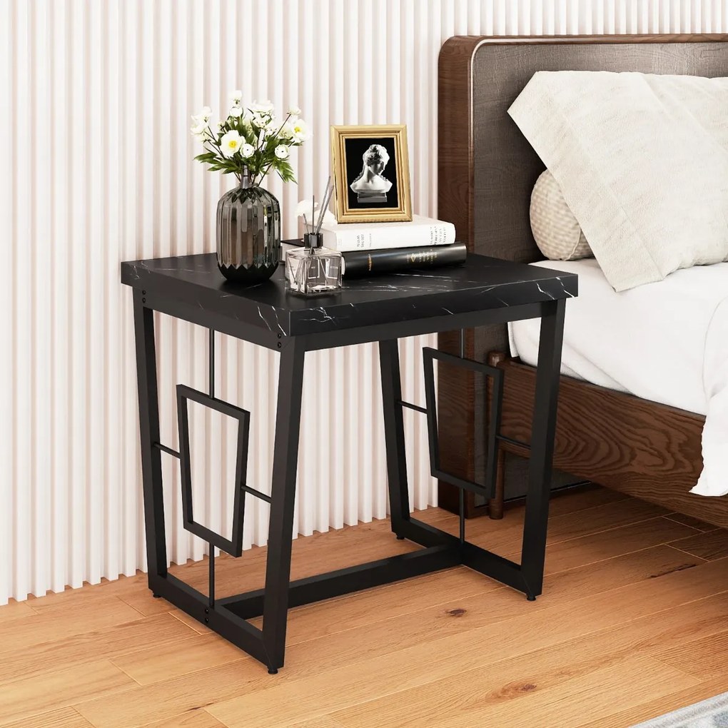 Mesa Apoio Quadrada Moderna 60 x 60 x 60 cm com Tampo em Mármore Sintético e Base Metálica em Forma de H para Quarto ou Sala Preto