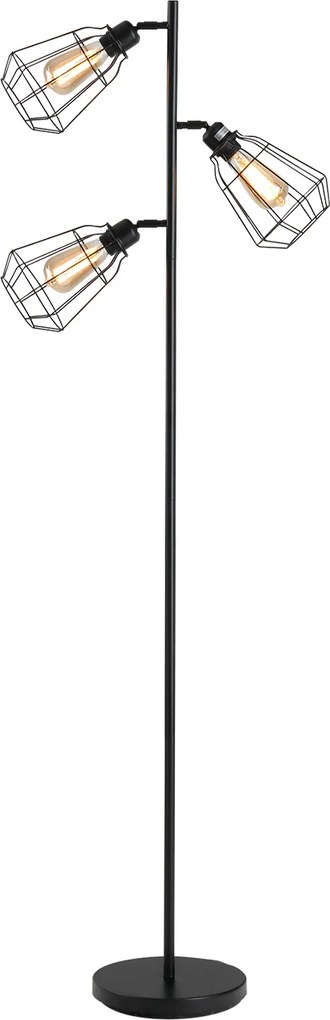 Candeeiro de pé de design industrial, 3 lâmpadas, máx. 40 W, abajur em forma de gaiola de metal preto
