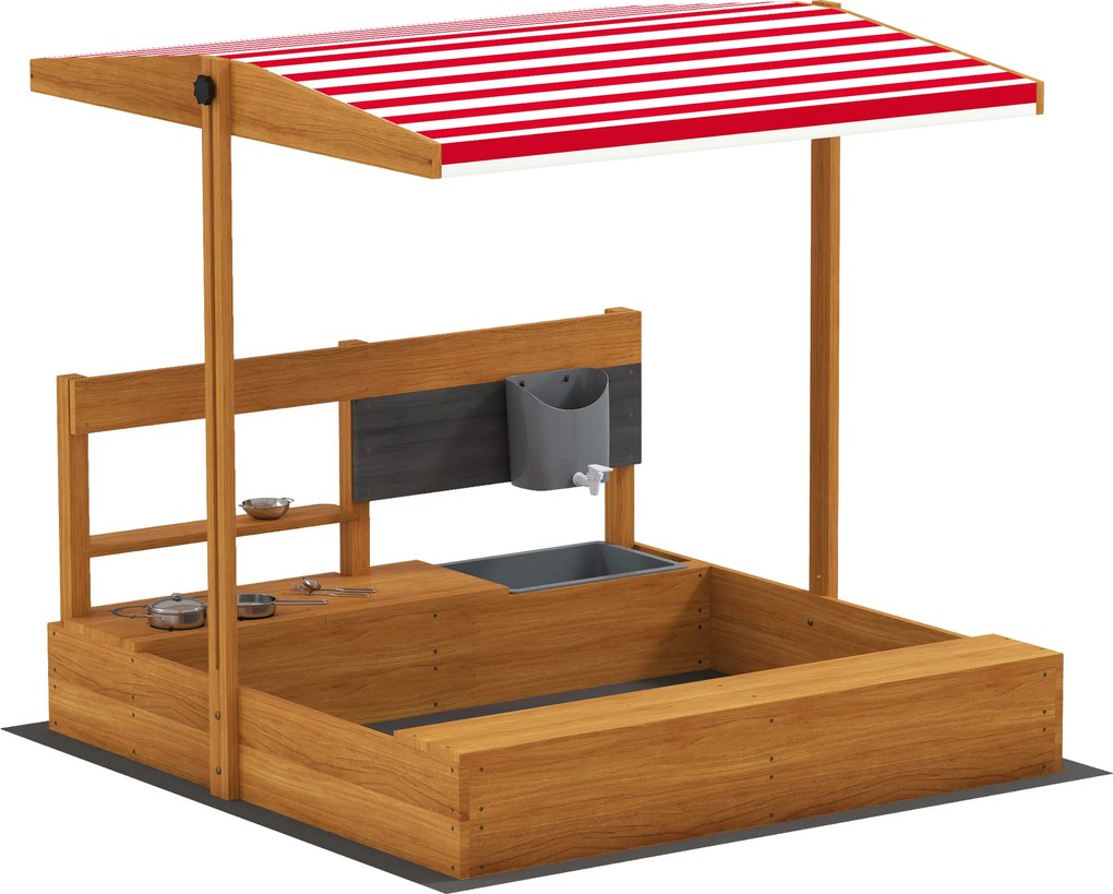 Outsunny Caixa de Areia de Madeira para Crianças com Toldo Regulável e Brinquedos de Cozinha para Crianças de 3-7 Anos 114x110x110 cm Vermelho | Aosom Portugal