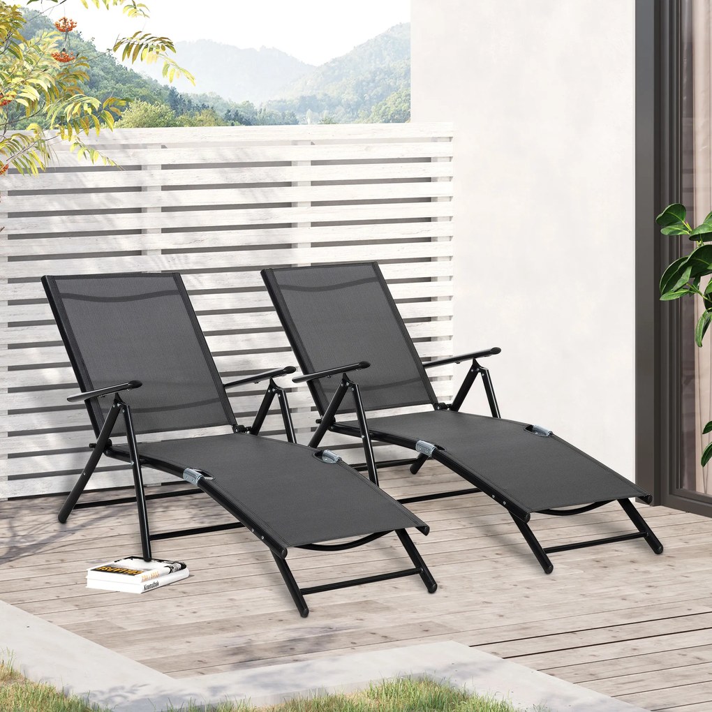 Conjunto de 2 espreguiçadeiras, espreguiçadeira dobrável, encosto ajustável em 7 posições, estrutura em alumínio, 64 x 134 x 95 cm, preto