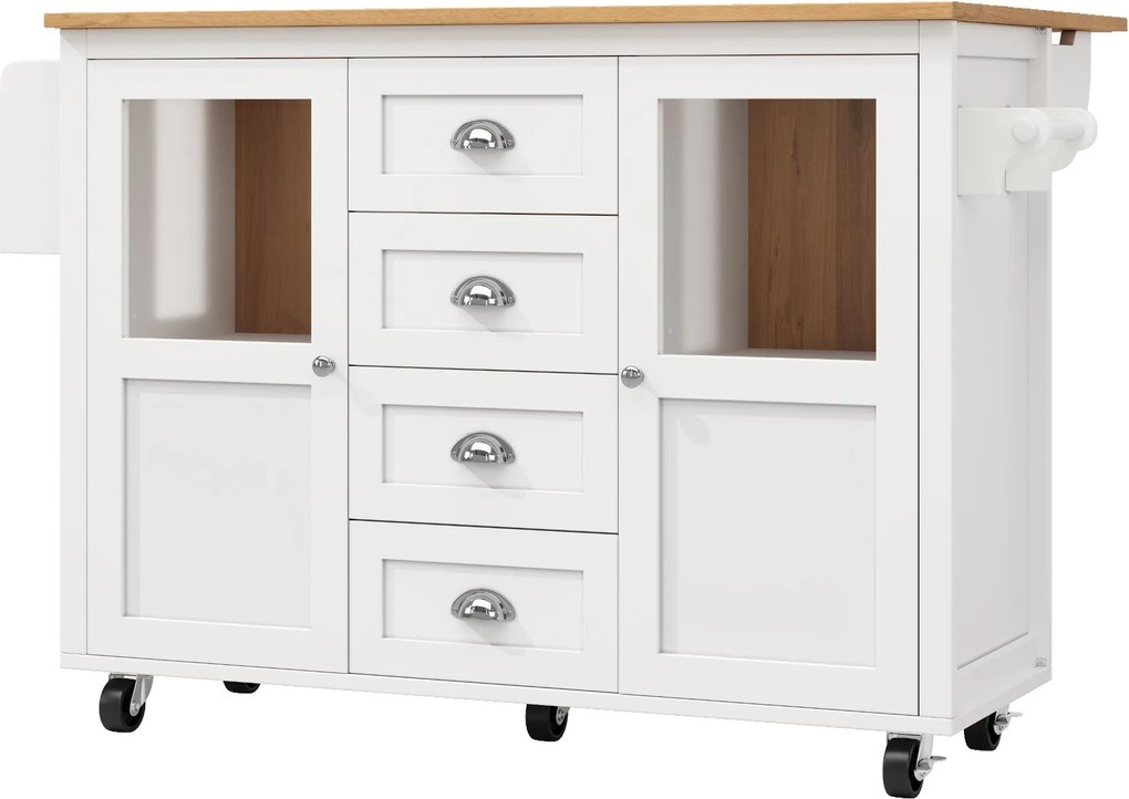 Ilha de cozinha com tampo ajustável, duas portas e quatro gavetas, 137,9x45/73x92,5 cm, Branco