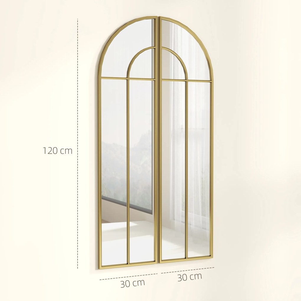 Espelho Decorativo de Parede com 2 Peças 30x120 cm Espelho em Forma de Arco e Estrutura de Metal para Entrada Dourado