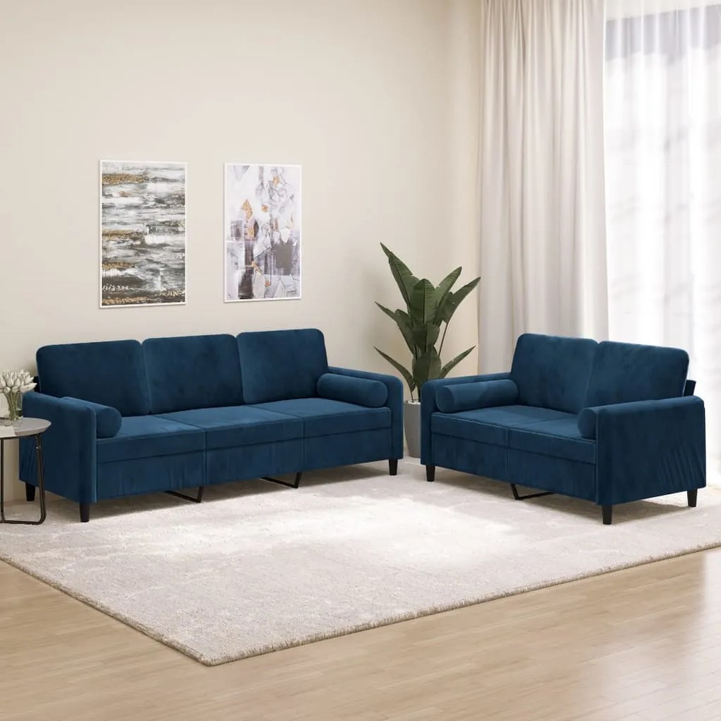 vidaXL 2 pcs conjunto sofás c/ almofadas/almofadões veludo azul