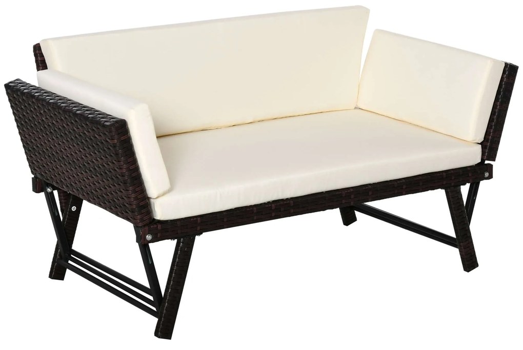 Outsunny Sofá de 2 Lugares Vime Sintético Convertível em Cama Sofá de Jardim Exterior com Almofada Mobiliário Pátio Terraço 129x63x67 cm Marrom e Bege