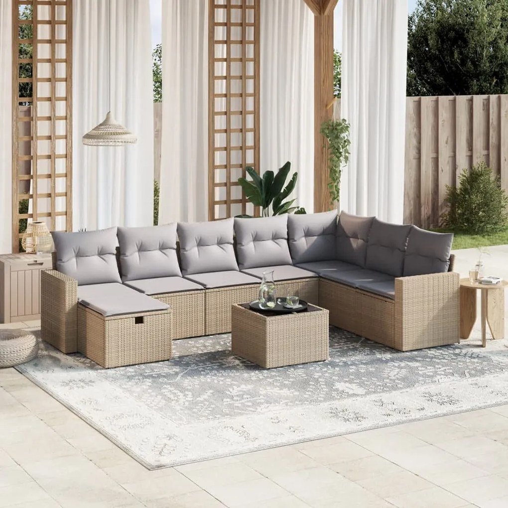 9 pcs conj. sofás jardim c/ almofadões vime PE bege misturado