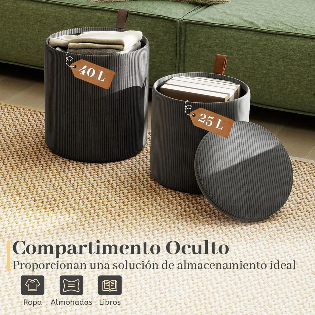 Conjunto de 2 pufes redondos com arrumação, bancos toucador estofados com tampos removíveis e assentos acolchoados, apoio para os pés multiusos Cinzen