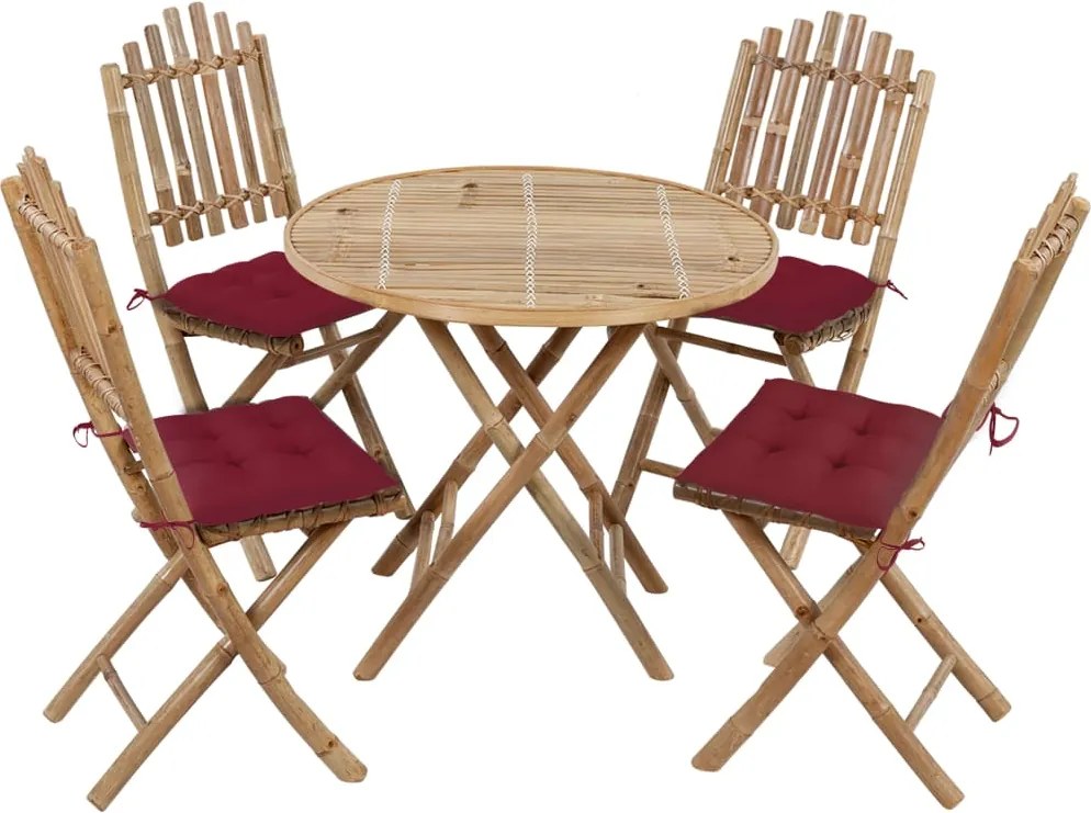 vidaXL 5 pcs conj. de jantar dobrável c/ almofadões p/ exterior bambu