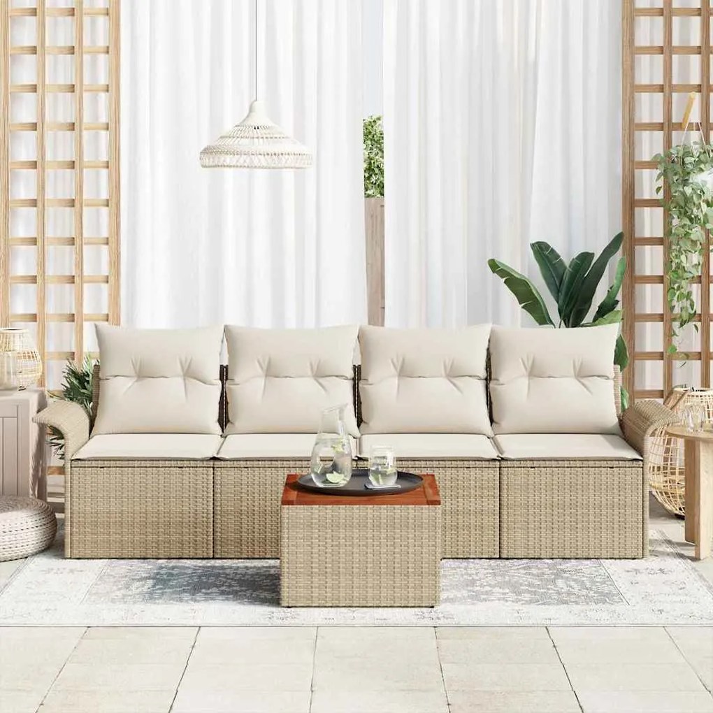 Conjunto de Sofá de Jardim de 5 Peças com Almofadas Bege Rattan Poliés