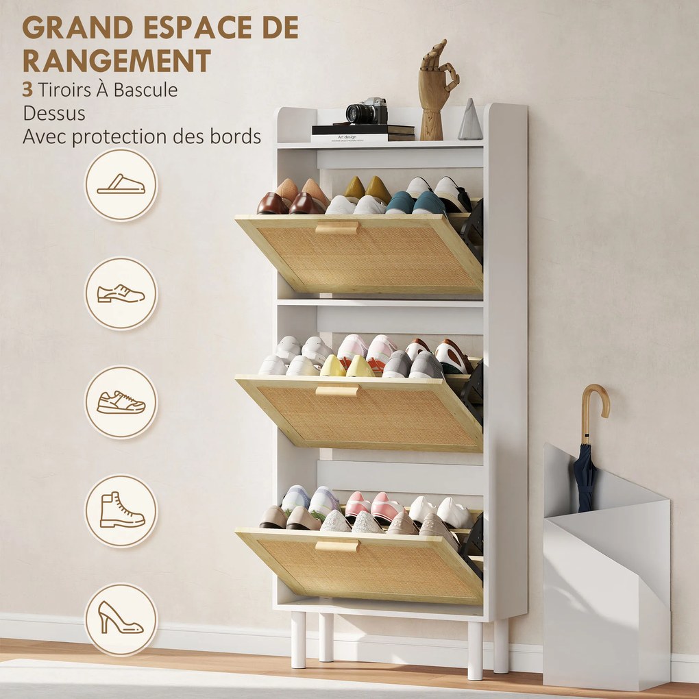 Sapateira com 3 portas basculantes e prateleira com efeito de resina trançada, estilo boémio, 65 x 24,5 x 153 cm, branco