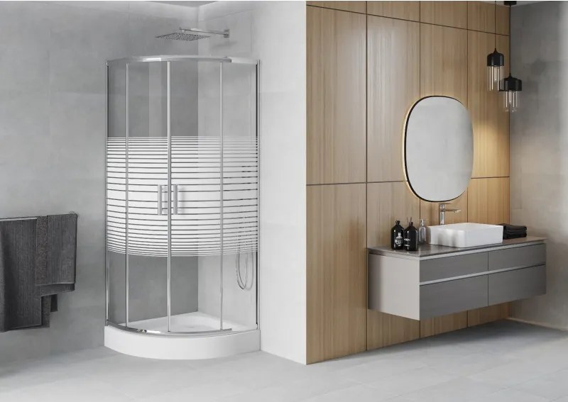 Mexen Rio cabine de duche semicircular 70 x 70 cm, faixas brancas, cromado + base de duche, branco - 863-070-070-01-20-4710