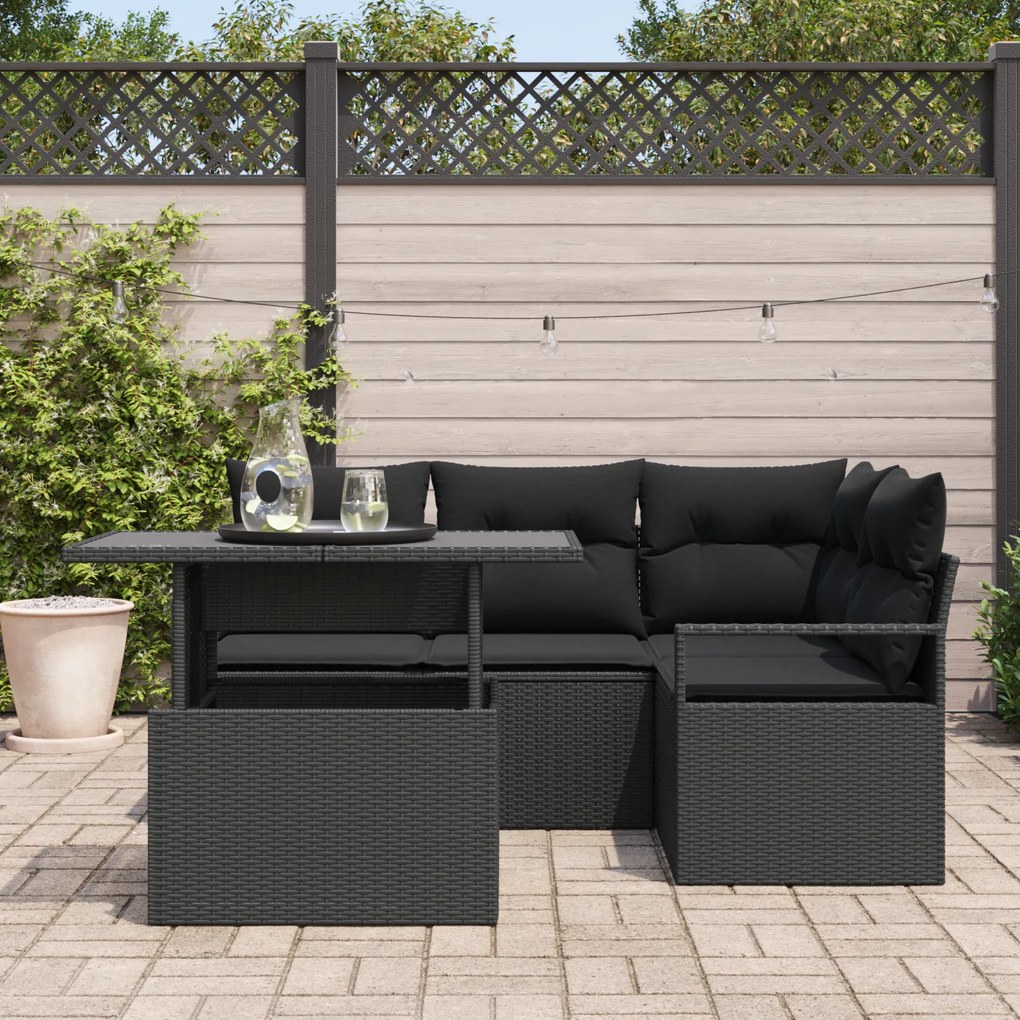 Conjunto de Sofá de Jardim com 5 Peças e Almofadas Preto Vime Poliéste