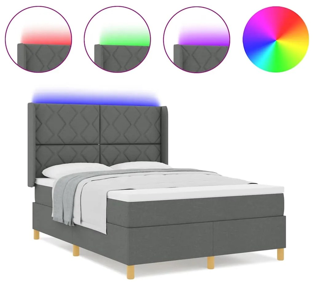 Cama Box com Colchão &amp; LED Cinza Escuro 140x200 cm Tecido