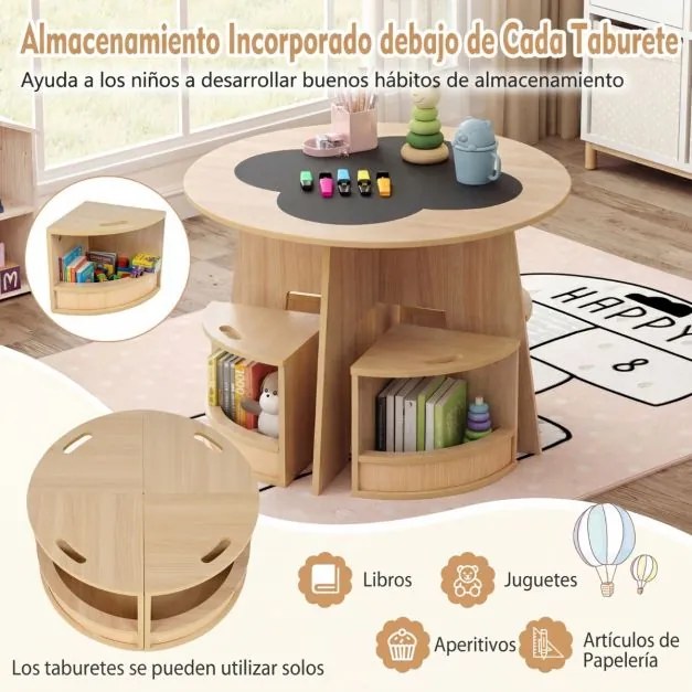 Conjunto de mesa e cadeiras para crianças de 5 peças: mesa redonda empilhável para crianças com bancos para atividades, economiza espaço, estilo natur