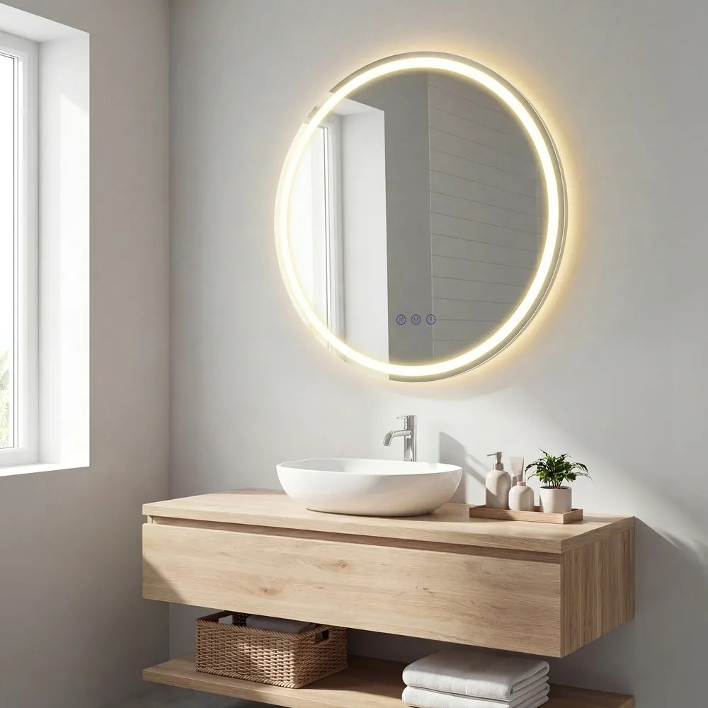 Espelho redondo para casa de banho 61 cm de diâmetro, espelho de parede com LED branco