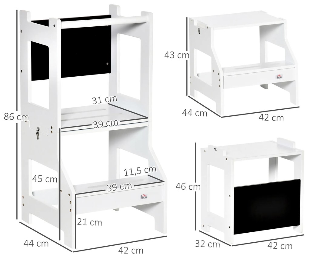 HOMCOM Torre de Aprendizagem para Crianças 3-6 Anos de Madeira Torre de Aprendizagem Infantil Convertível em Secretária com Ardósia e Barra de Segurança para Casa de Banho Cozinha 42x44x86cm Branco