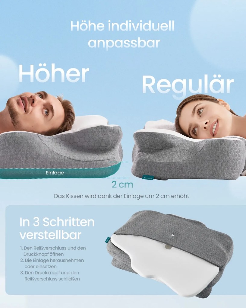 Almofada ergonómica para o pescoço 59 x 40 cm em espuma viscoelástica, branco-Cinzenta