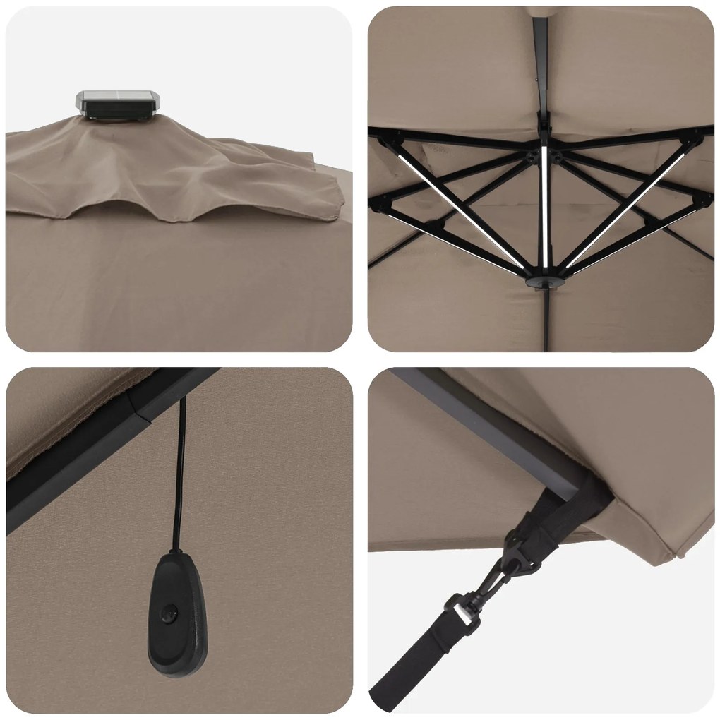 Parasol Roma de braço articulado com LEDs Taupe 352x251x265 cm Alumíni