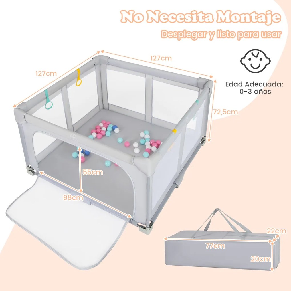 Parque infantil para bebés com 50 bolas oceânicas e 4 pegas com porta para 0-3 anos. 127 x 127 x 72,5 cm Cinzento