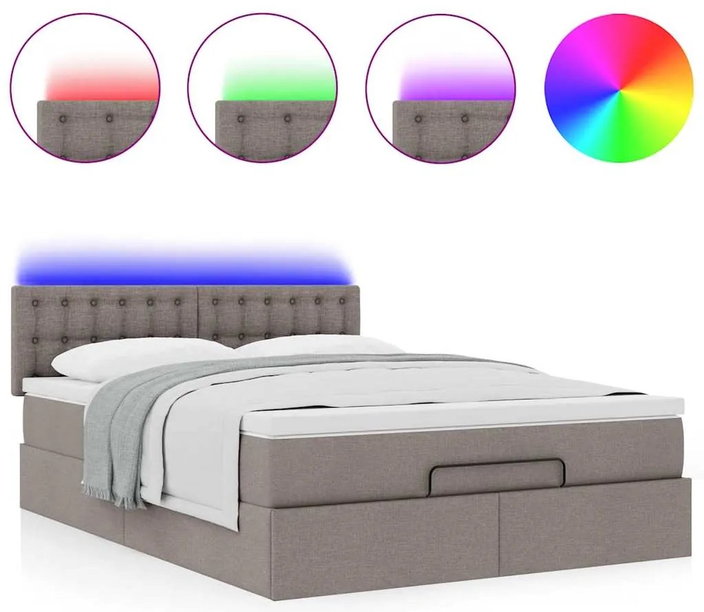 Cama Otomana com Colchão &amp; LEDs Taupe 140x200 cm Tecido