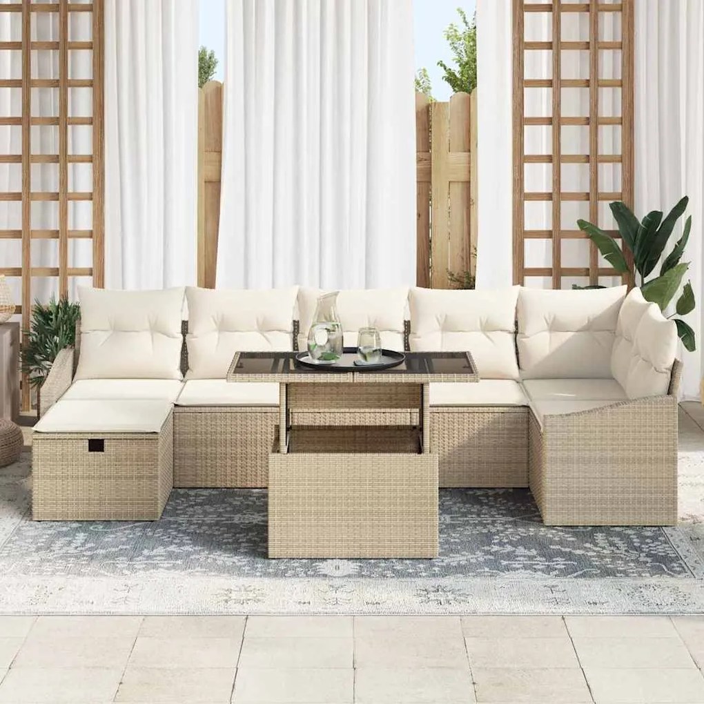 Conjunto de sofá de jardim com 8 peças e almofadas bege em rattan sint