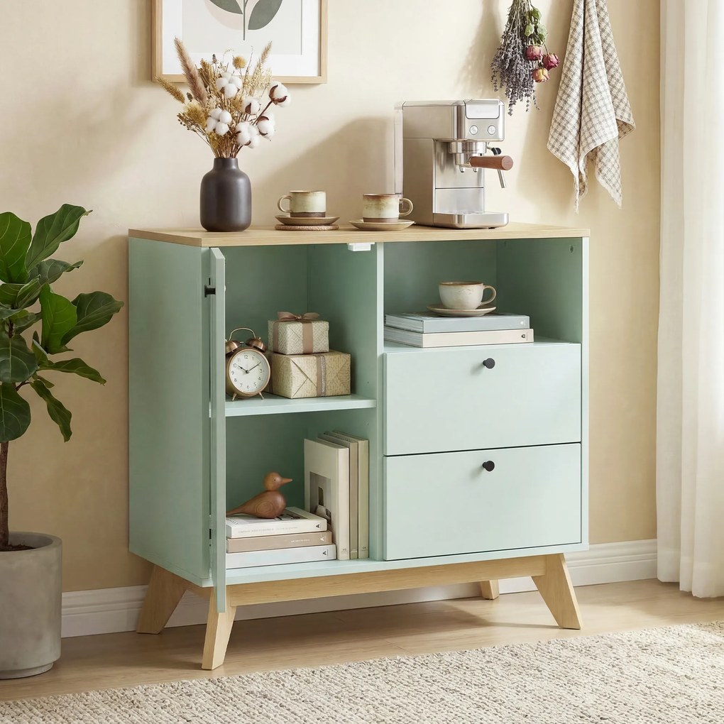 Aparador de sala 80 (L) x 35 (P) x 76,3 (A) cm, móvel de arrumação com porta, 2 gavetas, compartimento aberto e prateleira ajustável, verde claro e co