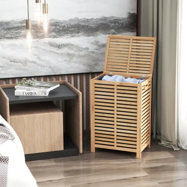 Cesto para roupa suja de bambu 80 L Organizador de roupa suja de bambu ripas para lavandaria Quarto e casa de banho 50 x 35 x 62 cm Natural