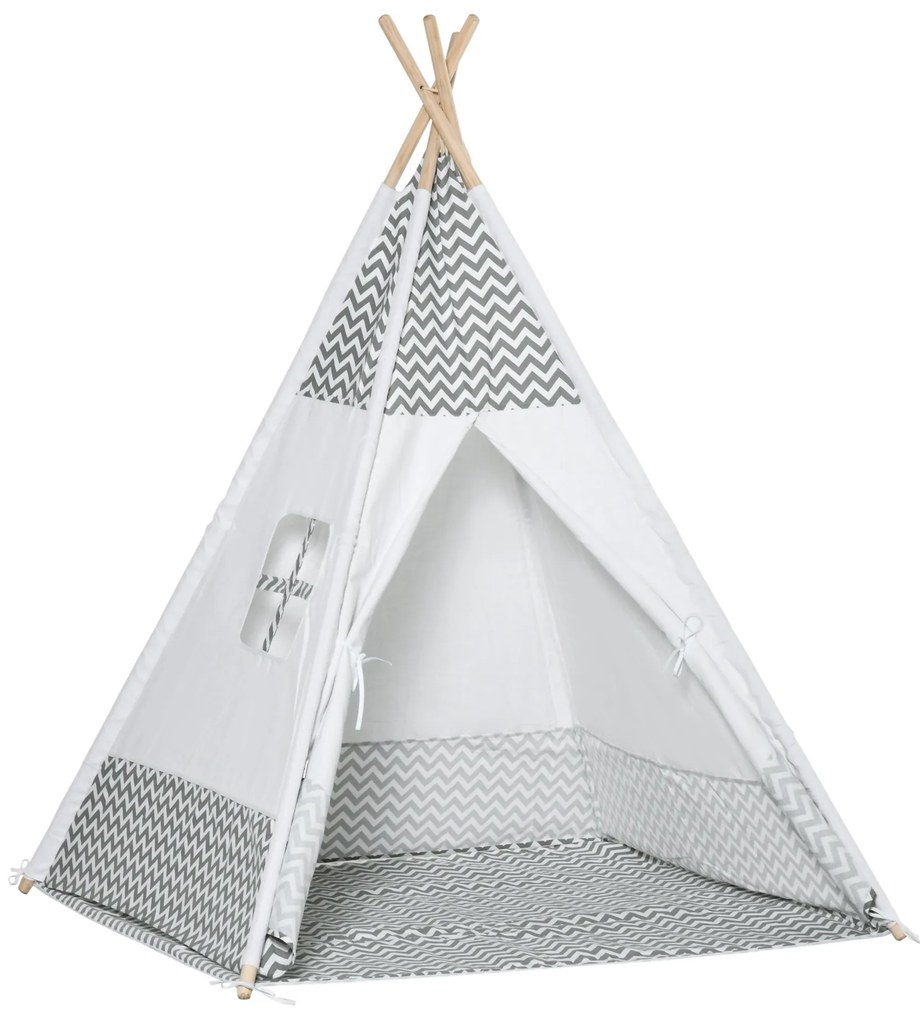 HOMCOM Tenda Tipi para Crianças acima de 3 Anos Tenda Infantil de Madeira Portátil com Janela Almofada 120x120x155cm Cinza